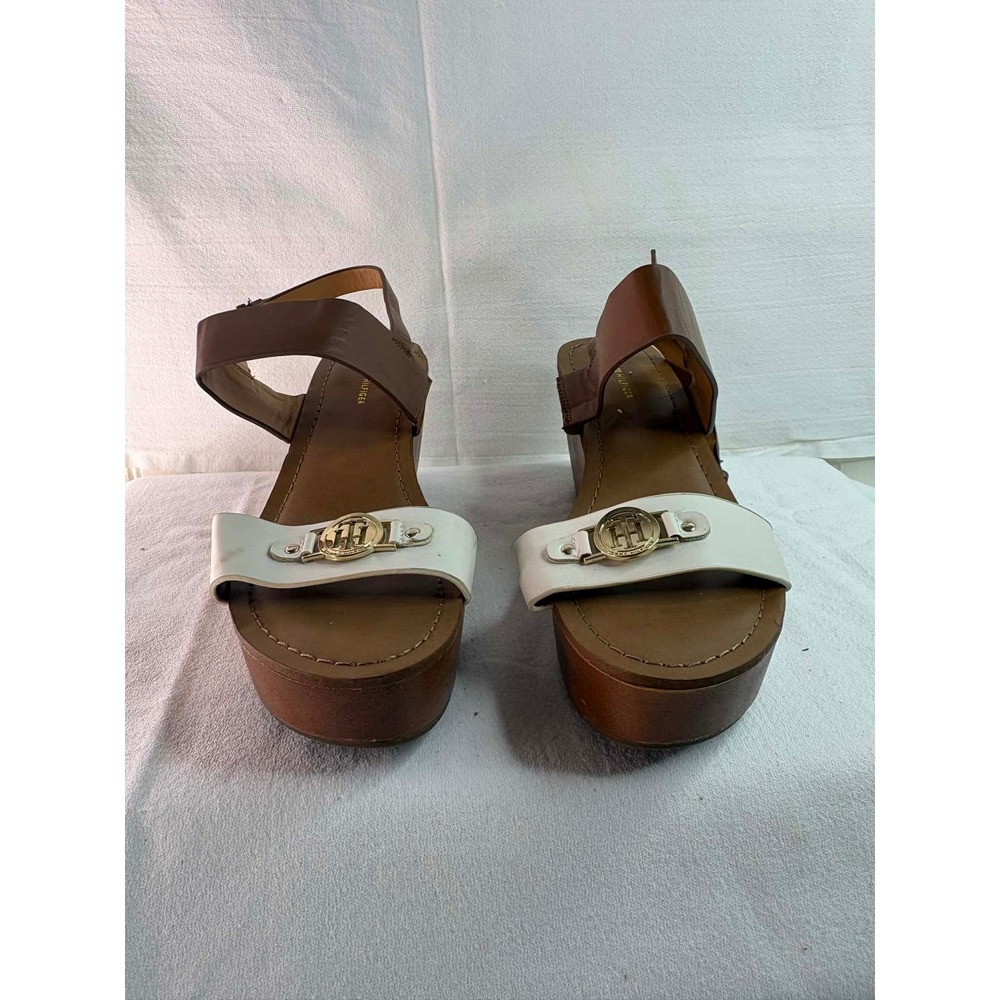 Tommy Hilfiger Womens Brown White Logo Platform Wedge Sandals Size 9.5M Gold TH